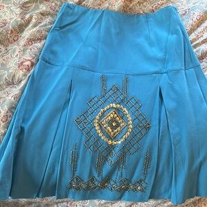 Tracy Reese turquoise midi skirt embroidered gold studs, NWT, size 8 perfect